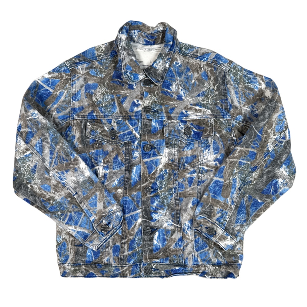FWRD DENIM New York Blue and Gray Patterned Jean Jacket Youth Size Large (14-16)